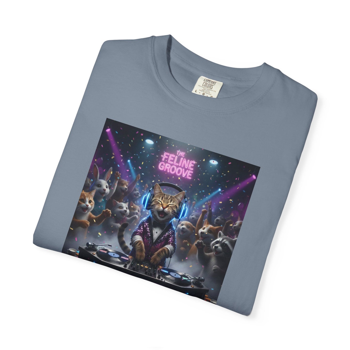 Feline Groove DJ Cat Illustration T-Shirt | Retro Neon Club Scene