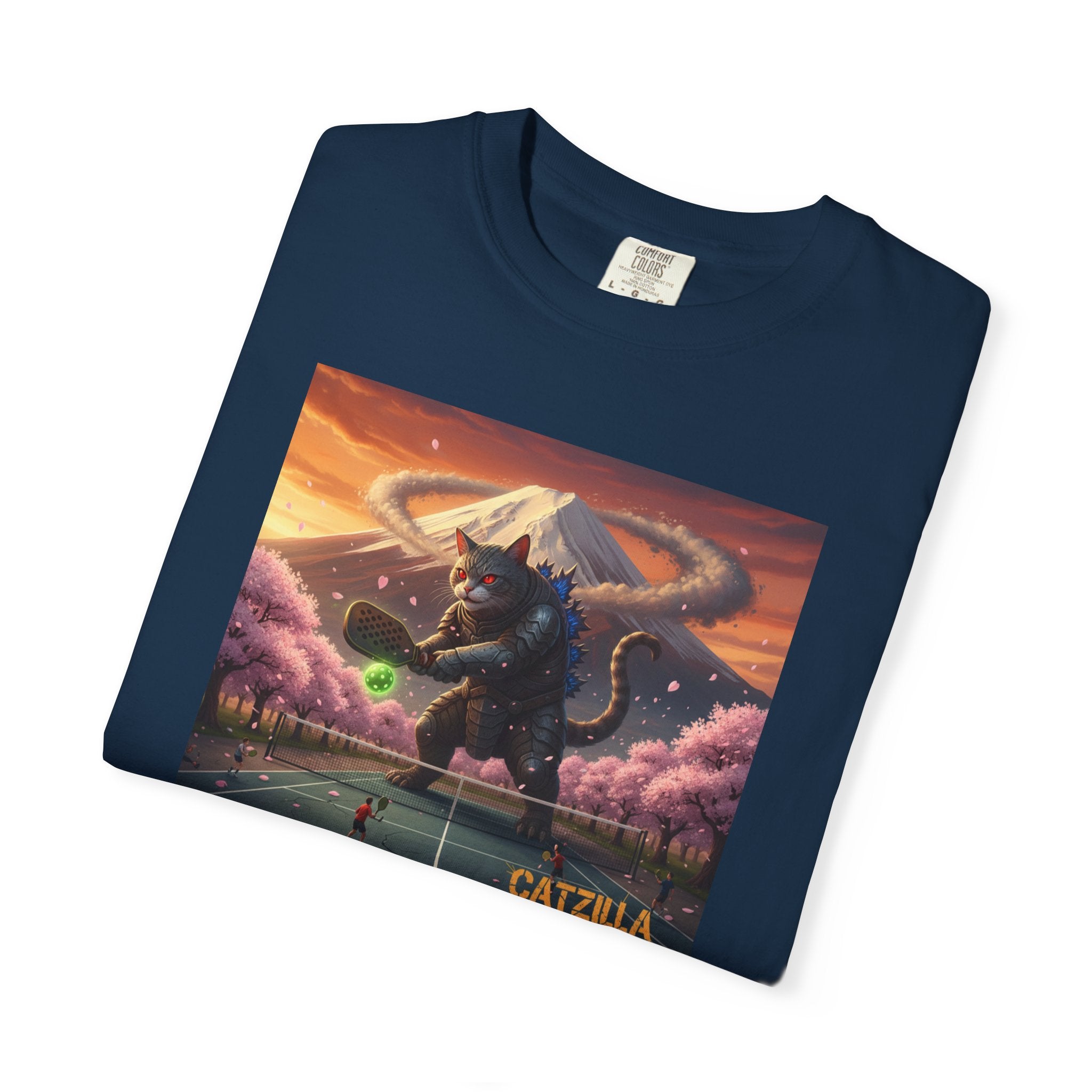 Catzilla Pickleball Destroyer T-shirt | Kaiju Cat Samurai, Mount Fuji Cherry Blossoms