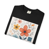 Hand-drawn Watercolor Floral Doodles T-shirt | Linocut & Embroidery Texture