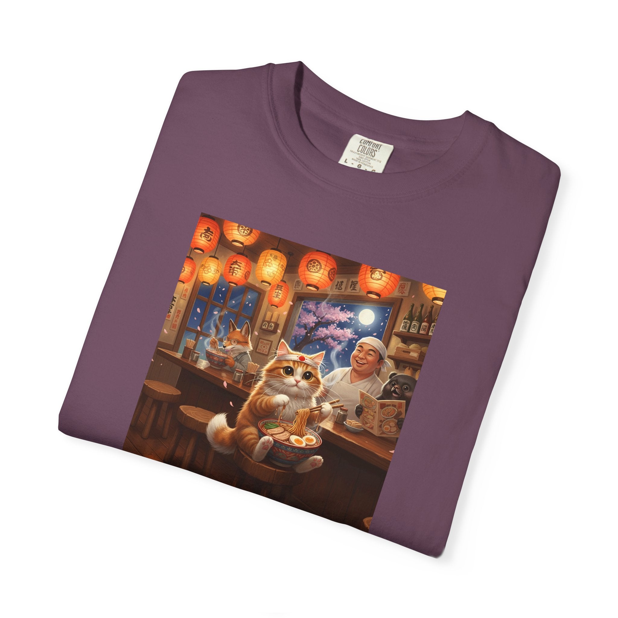 Whiskers and the Wondrous Noodles Cat Bar Ramen Scene T-shirt | Cozy Pub Cat Illustration