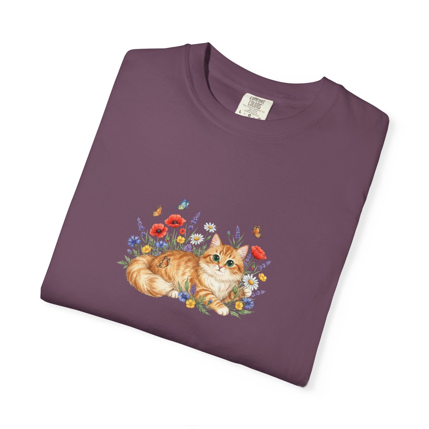 Orange Tabby Cat with Wildflowers T-Shirt | Floral Cat Tee