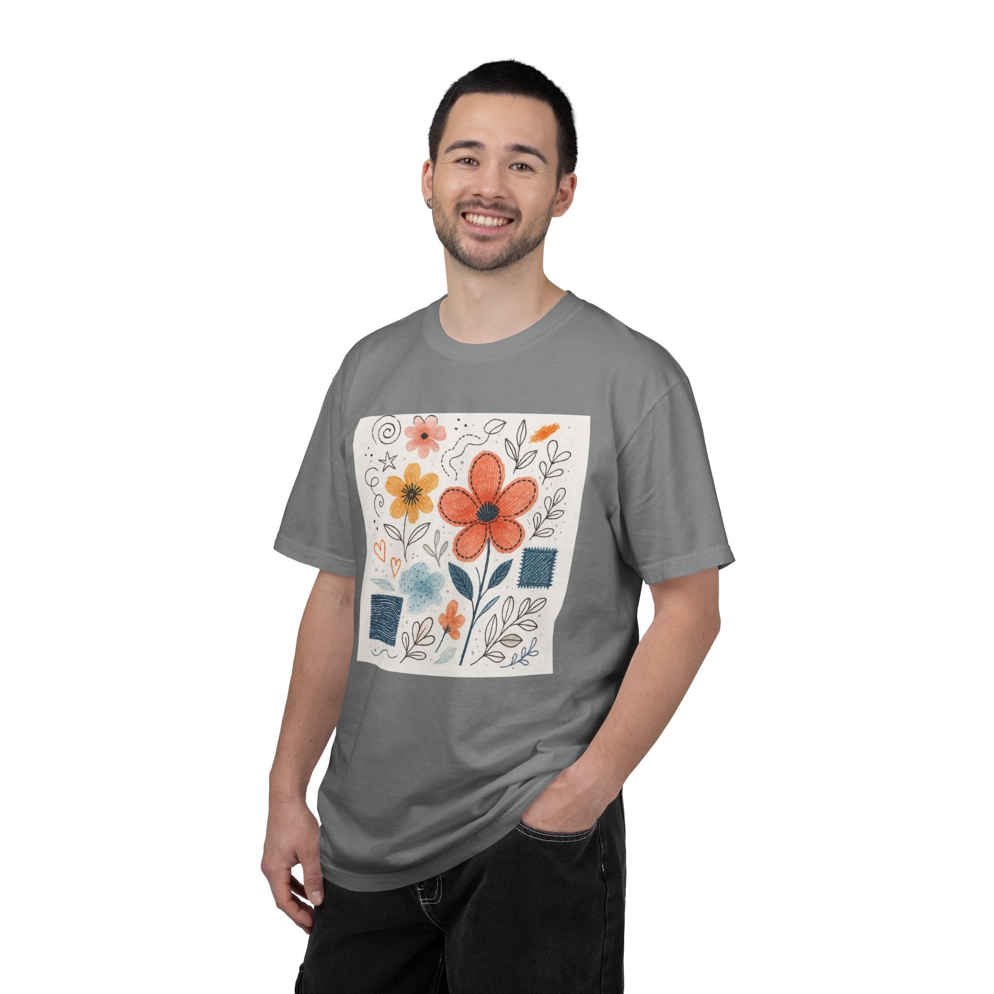 Hand-drawn Watercolor Floral Doodles T-shirt | Linocut & Embroidery Texture