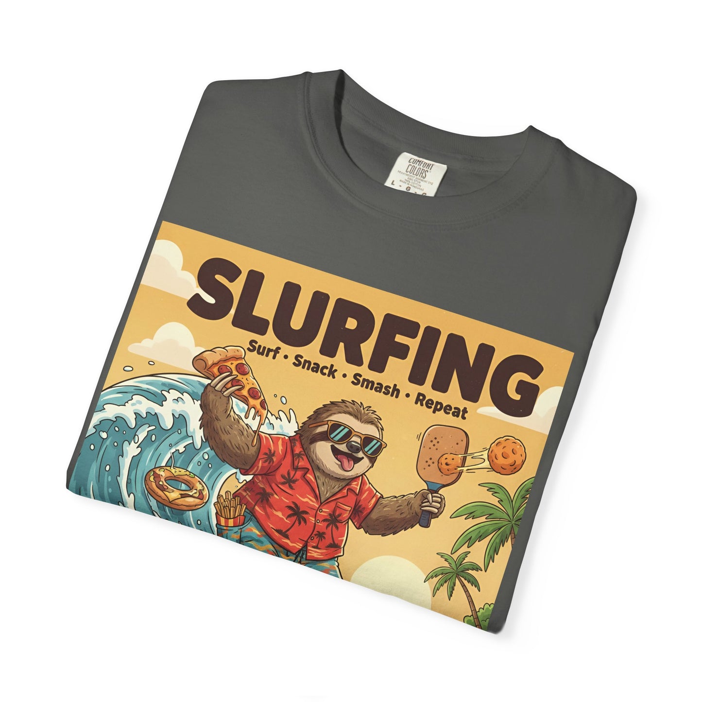 Slurfing Surfing Sloth T-Shirt | Retro Beach Wave Illustration