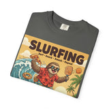 Slurfing Surfing Sloth T-Shirt | Retro Beach Wave Illustration