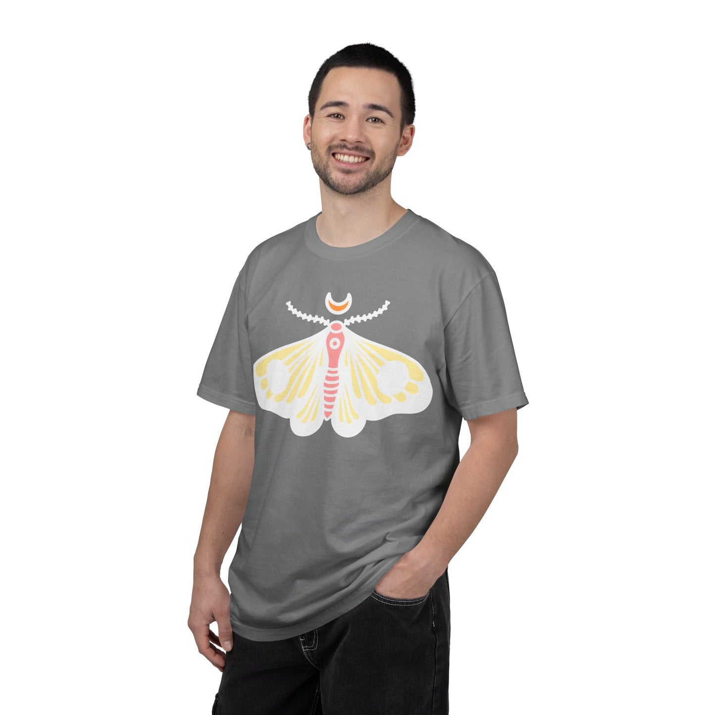 Celestial Moth T-shirt | Pink Yellow Moth with Crescent Moon