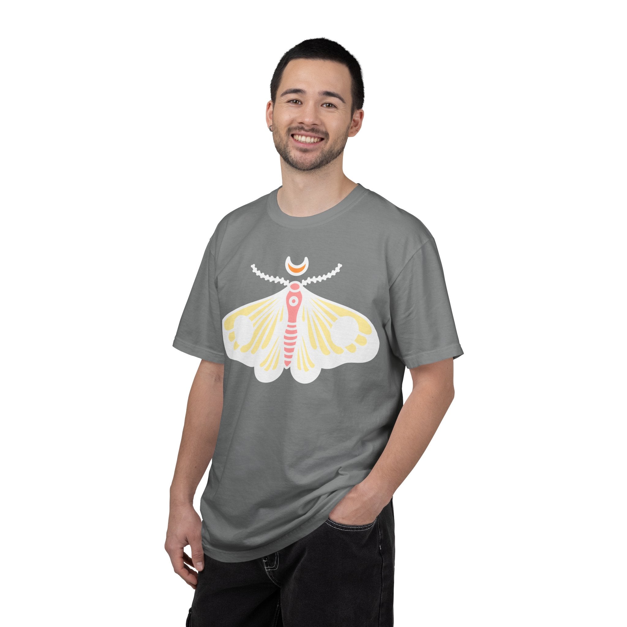 Celestial Moth T-shirt | Pink Yellow Moth with Crescent Moon