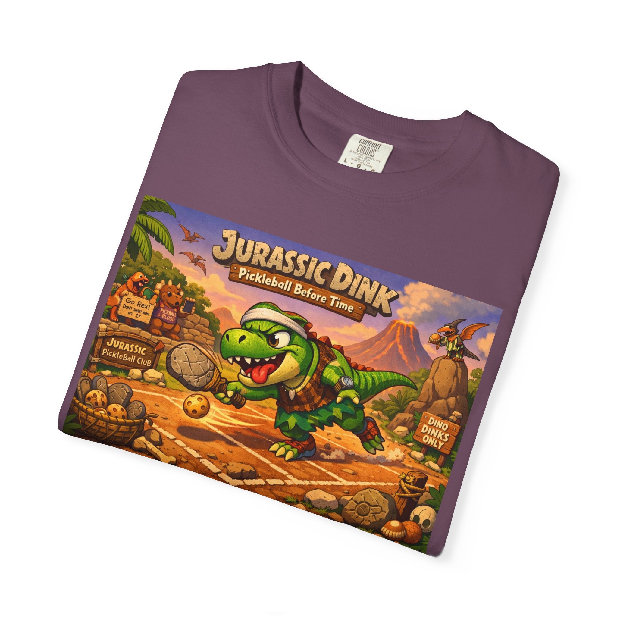 Jurassic Dink Pickleball Dinosaur Arcade Poster T-Shirt | Retro Video Game Shirt