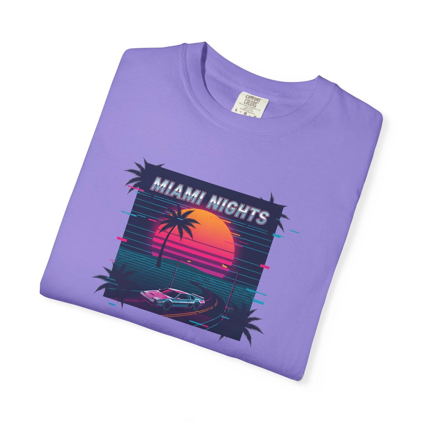 Miami Nights Sunset Palm T-shirt | Retro Vaporwave Beach Scene