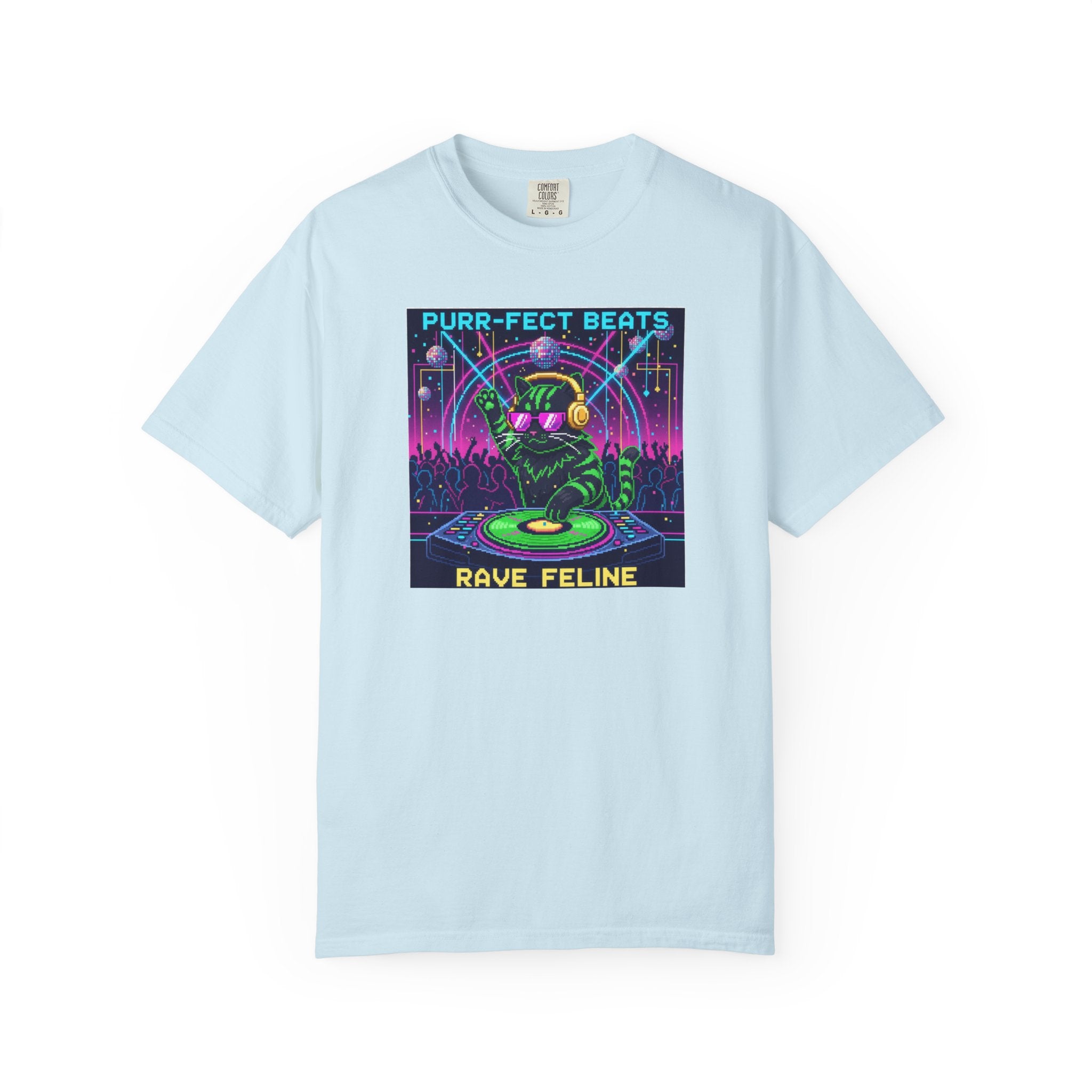 Purr-fect Beats Rave Feline DJ cat T-shirt | Neon EDM club design