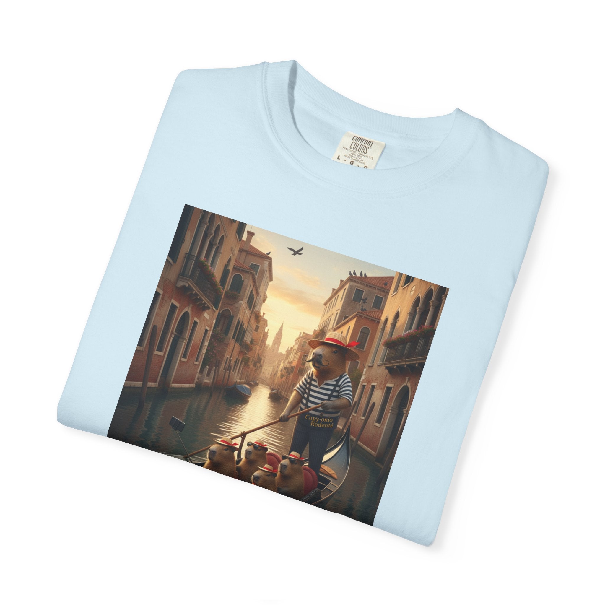 Capybara Venice Gondola Sunset T-shirt | Scenic Canal Travel Art