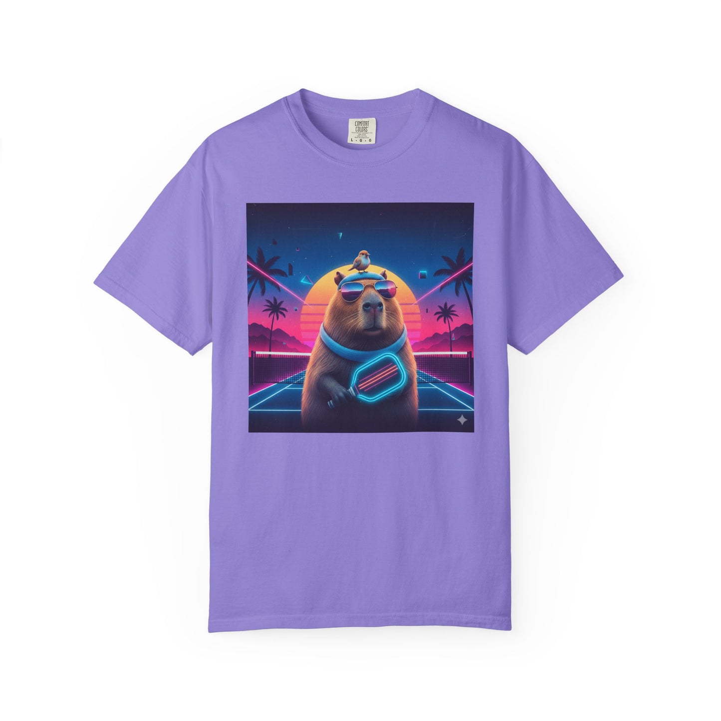 Retro Vaporwave Capybara with Sunglasses T-shirt | Neon Sunset Palm Trees