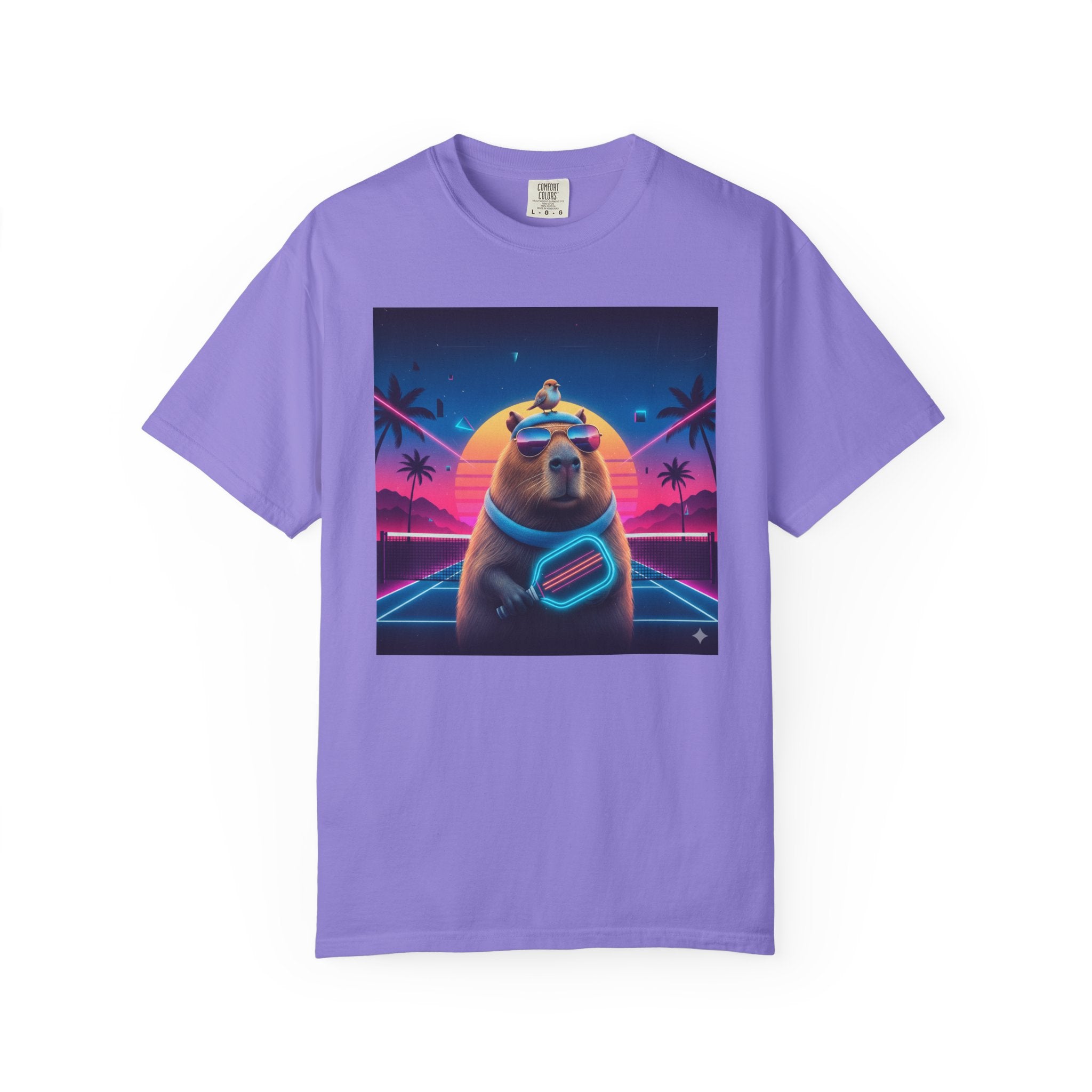 Retro Vaporwave Capybara with Sunglasses T-shirt | Neon Sunset Palm Trees