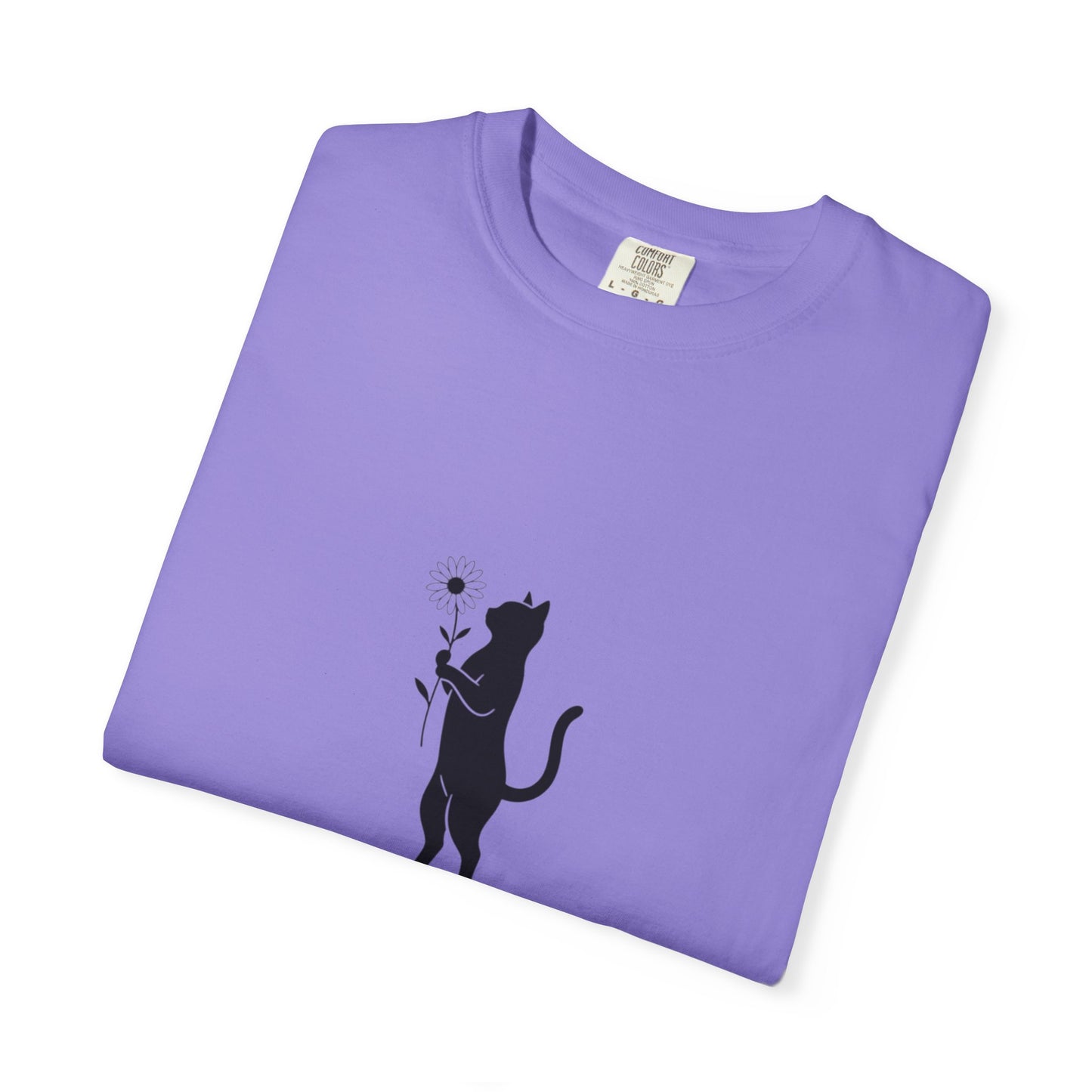Black Cat Holding Flower T-Shirt | Minimal Cat Silhouette Tee
