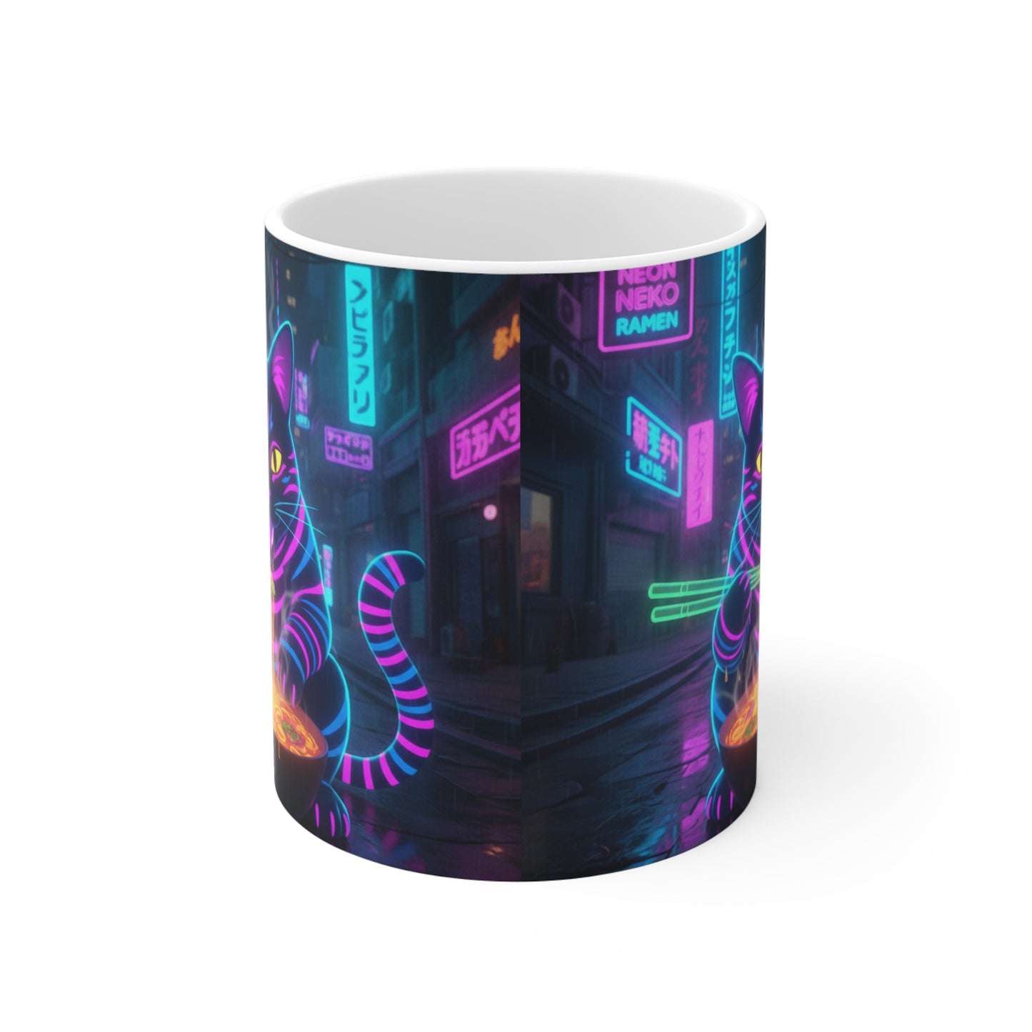 Neon Ramen Cyberpunk Cat Mug | 11oz Ceramic Coffee Cup