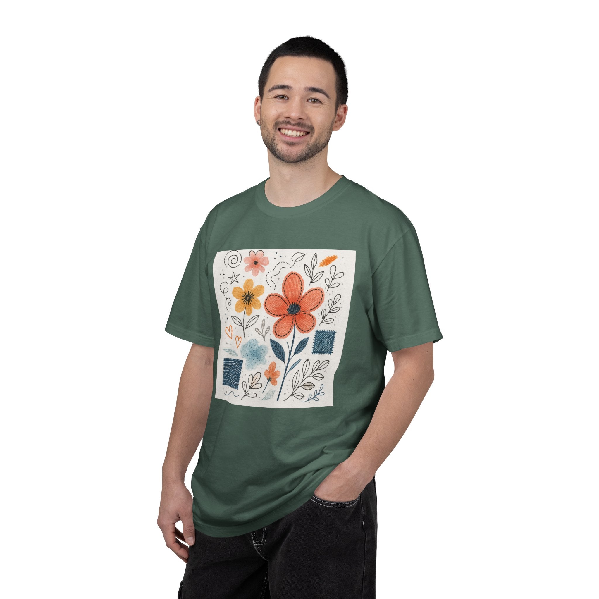 Hand-drawn Watercolor Floral Doodles T-shirt | Linocut & Embroidery Texture