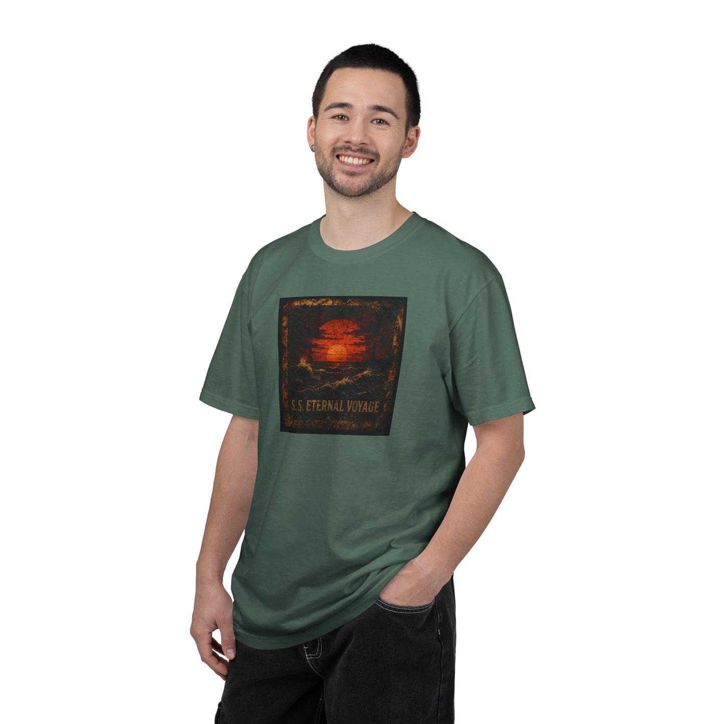 Eternal Voyage Sunset Illustration T-Shirt | Vintage Ocean Scene