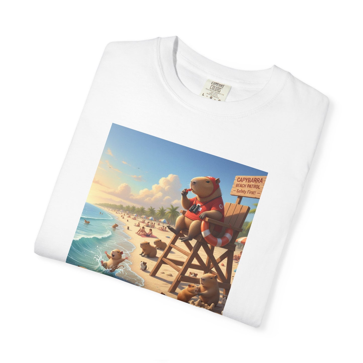 Lifeguard Capybara on Beach T-shirt | Surf Rescue Sunset Scene