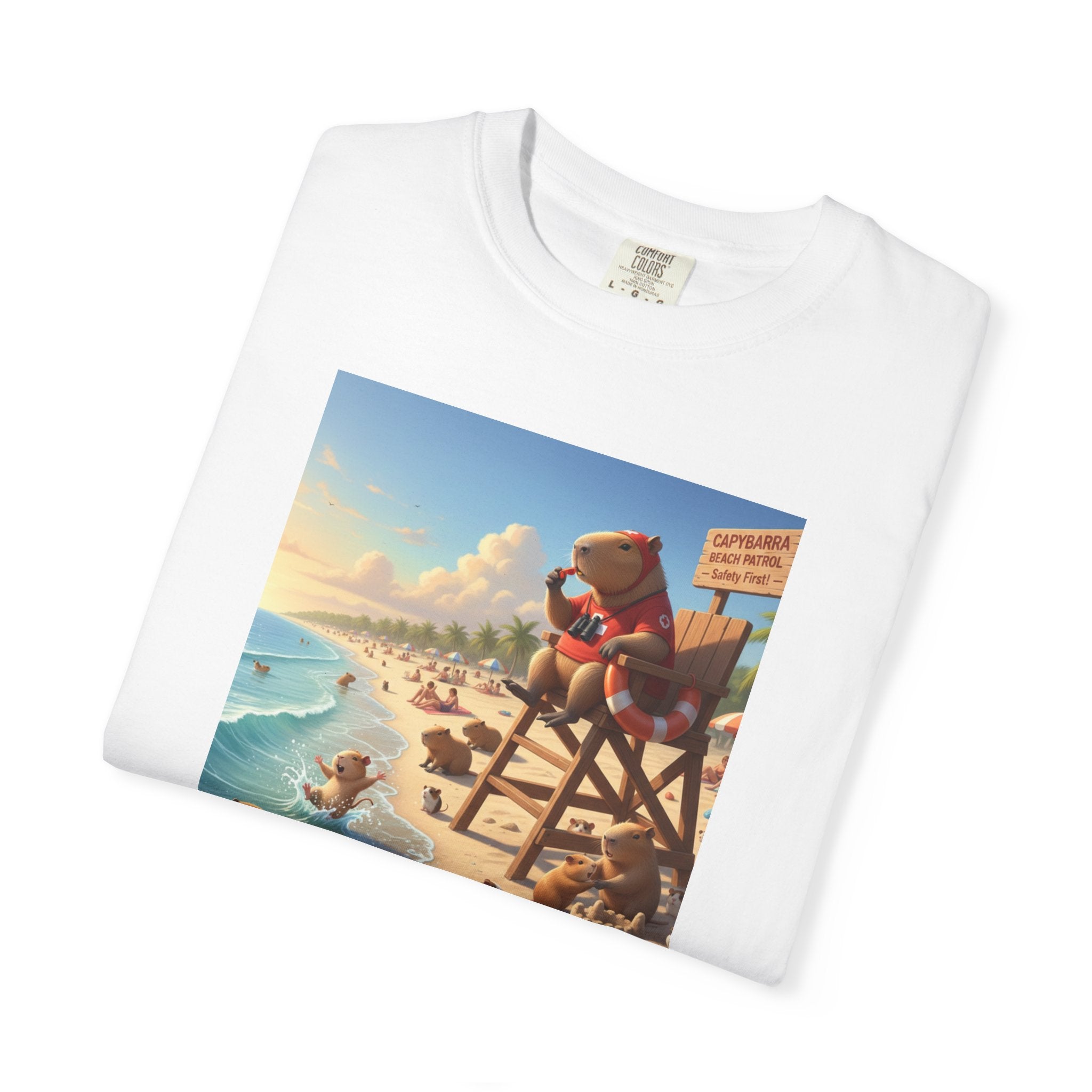 Lifeguard Capybara on Beach T-shirt | Surf Rescue Sunset Scene