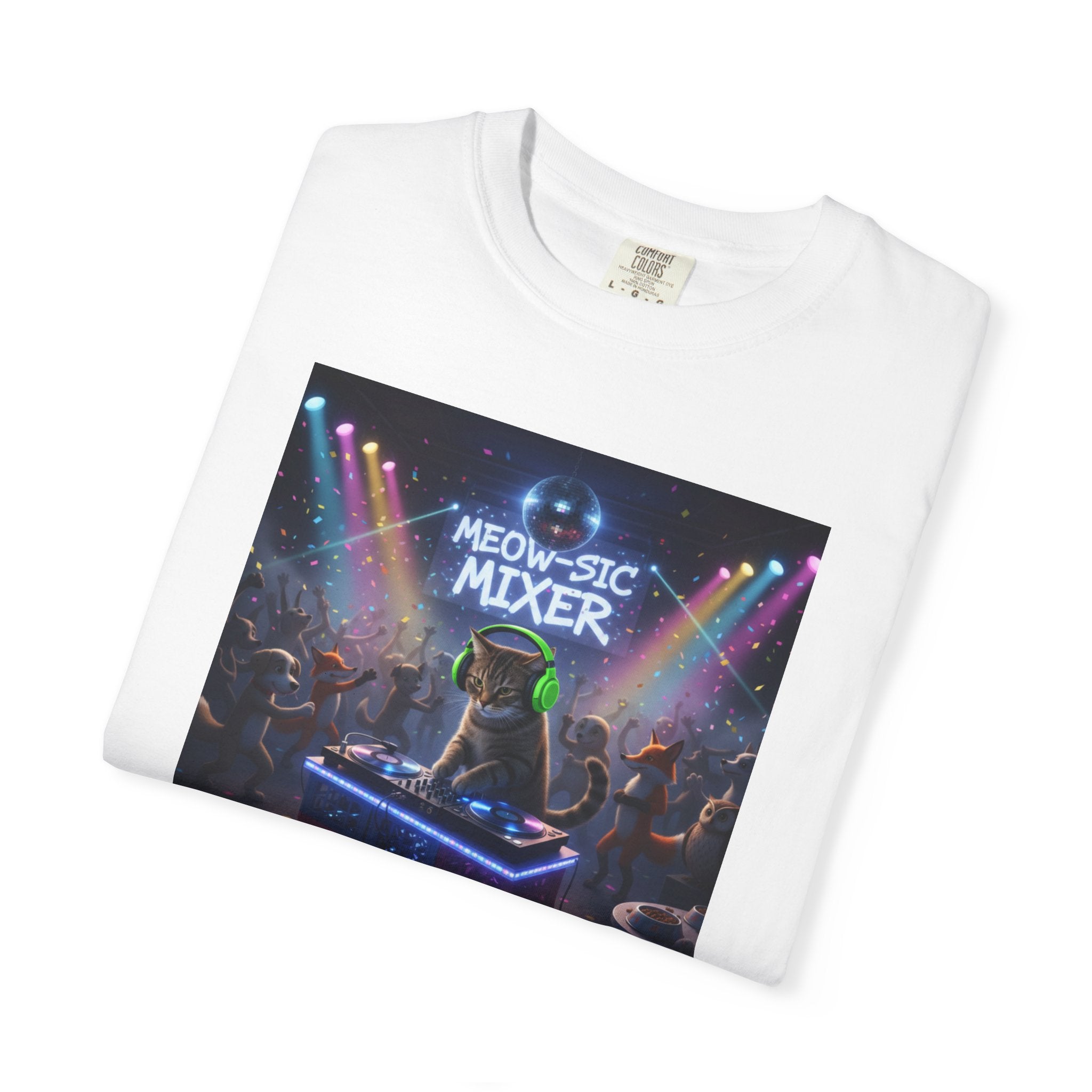 Melodic Mixer DJ Cat T-shirt | Neon Retro Music Party