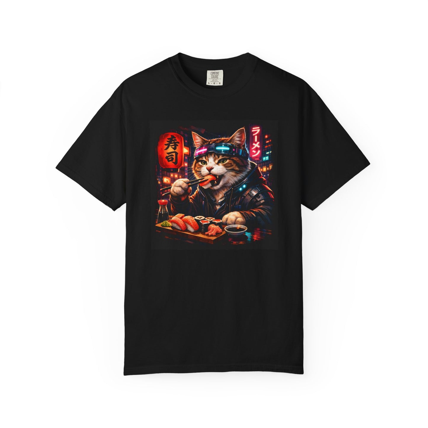 Sushi-Eating Cat T-Shirt | Neon Japanese Street Food Art