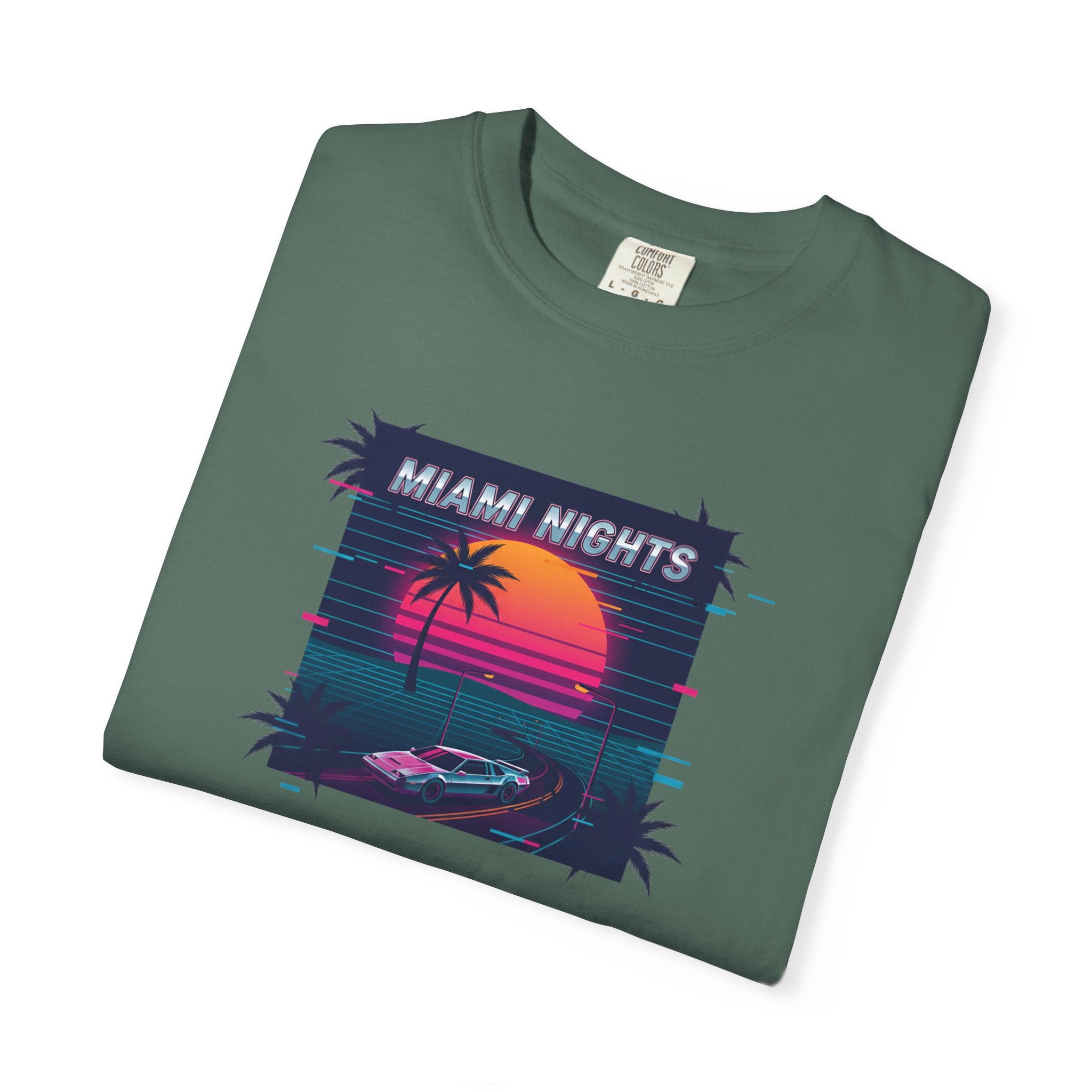 Miami Nights Sunset Palm T-shirt | Retro Vaporwave Beach Scene