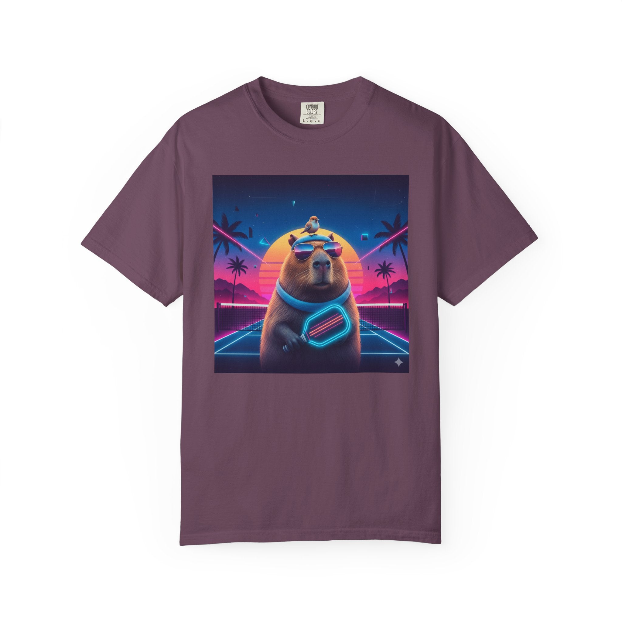 Retro Vaporwave Capybara with Sunglasses T-shirt | Neon Sunset Palm Trees