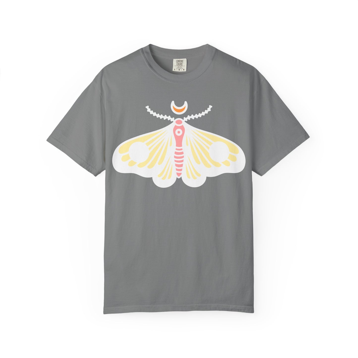 Celestial Moth T-shirt | Pink Yellow Moth with Crescent Moon