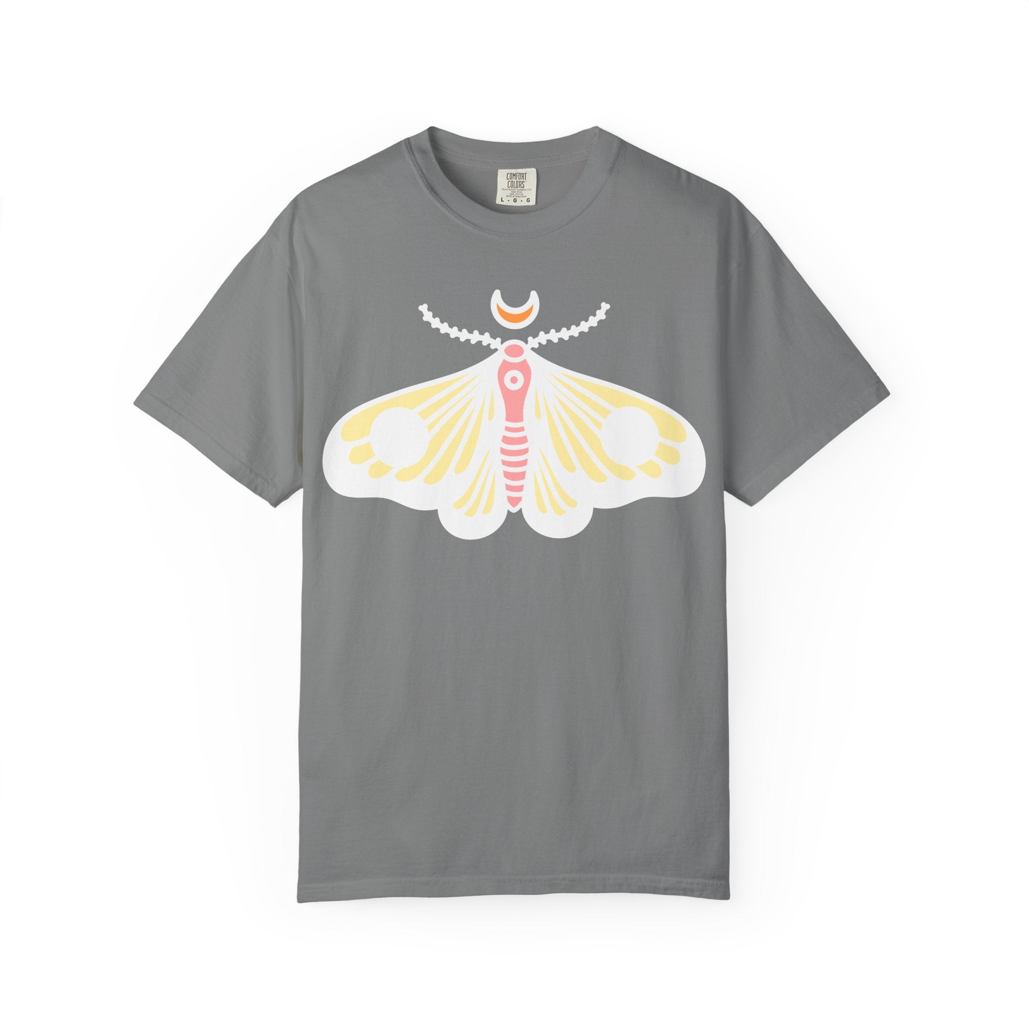 Celestial Moth T-shirt | Pink Yellow Moth with Crescent Moon