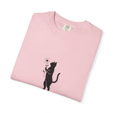 Black Cat Holding Flower T-Shirt | Minimal Cat Silhouette Tee