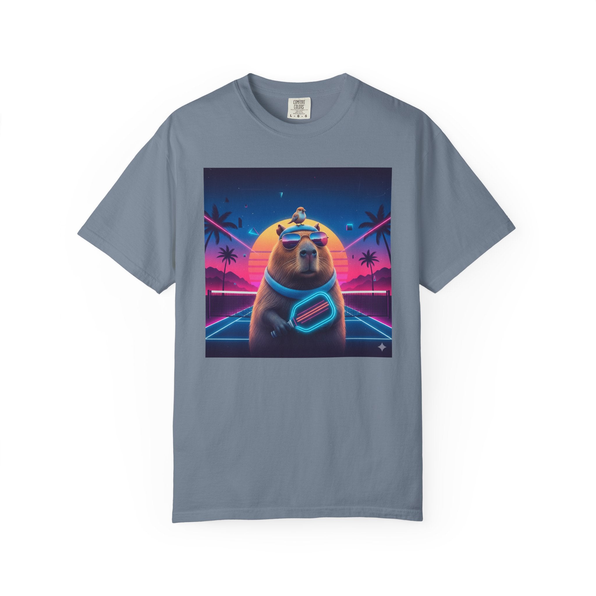 Retro Vaporwave Capybara with Sunglasses T-shirt | Neon Sunset Palm Trees