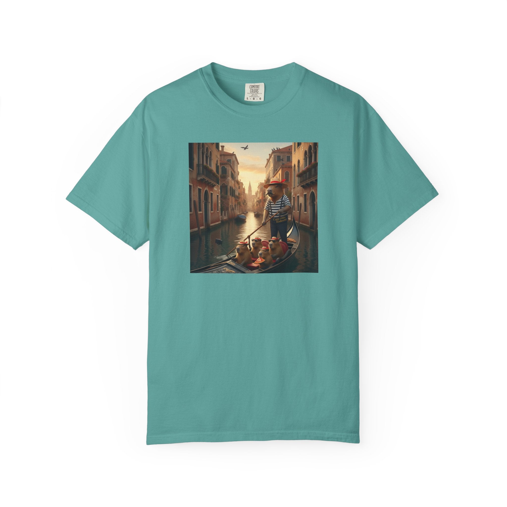 Capybara Venice Gondola Sunset T-shirt | Scenic Canal Travel Art