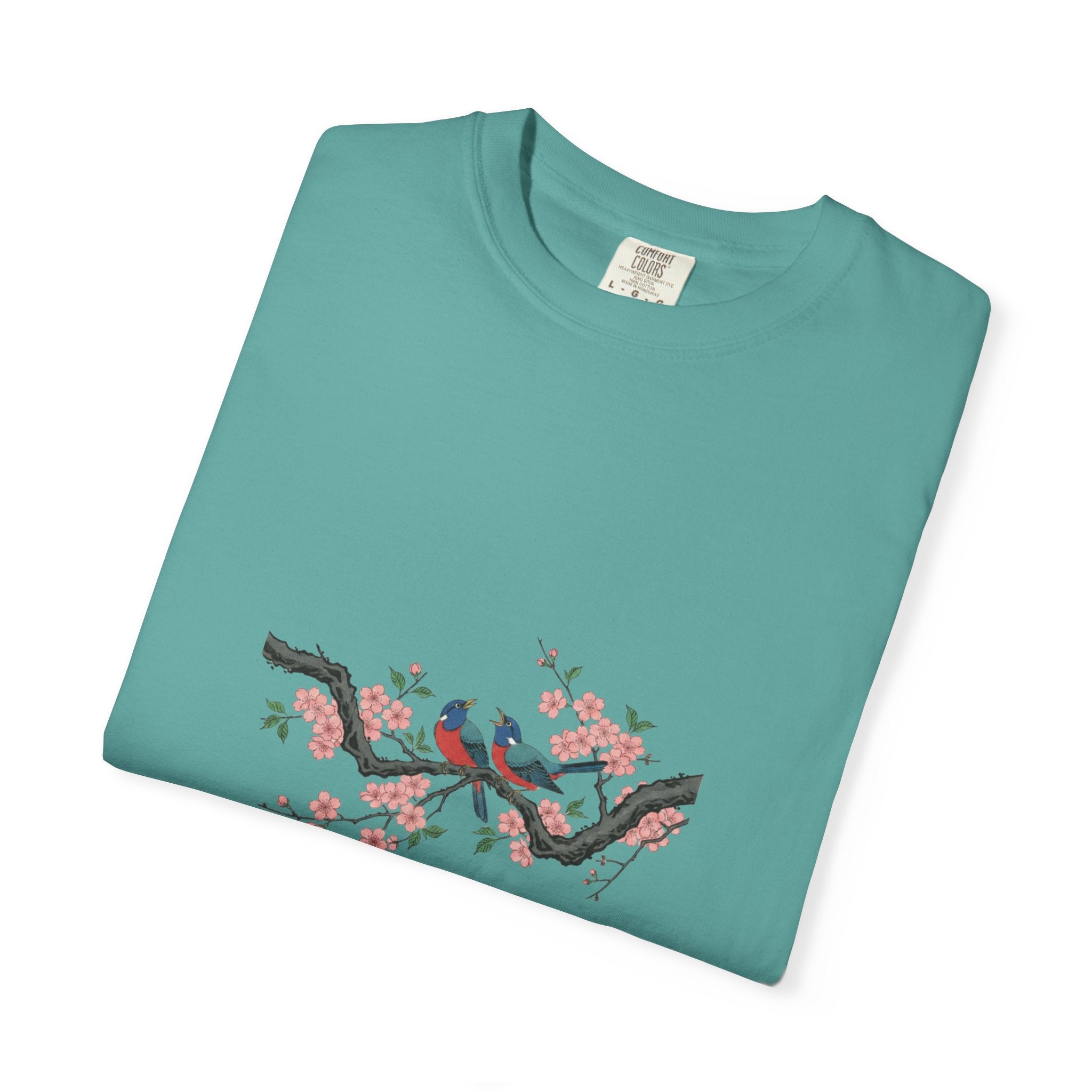 Birds on Cherry Blossom Branch T-Shirt | Japanese Floral Illustration