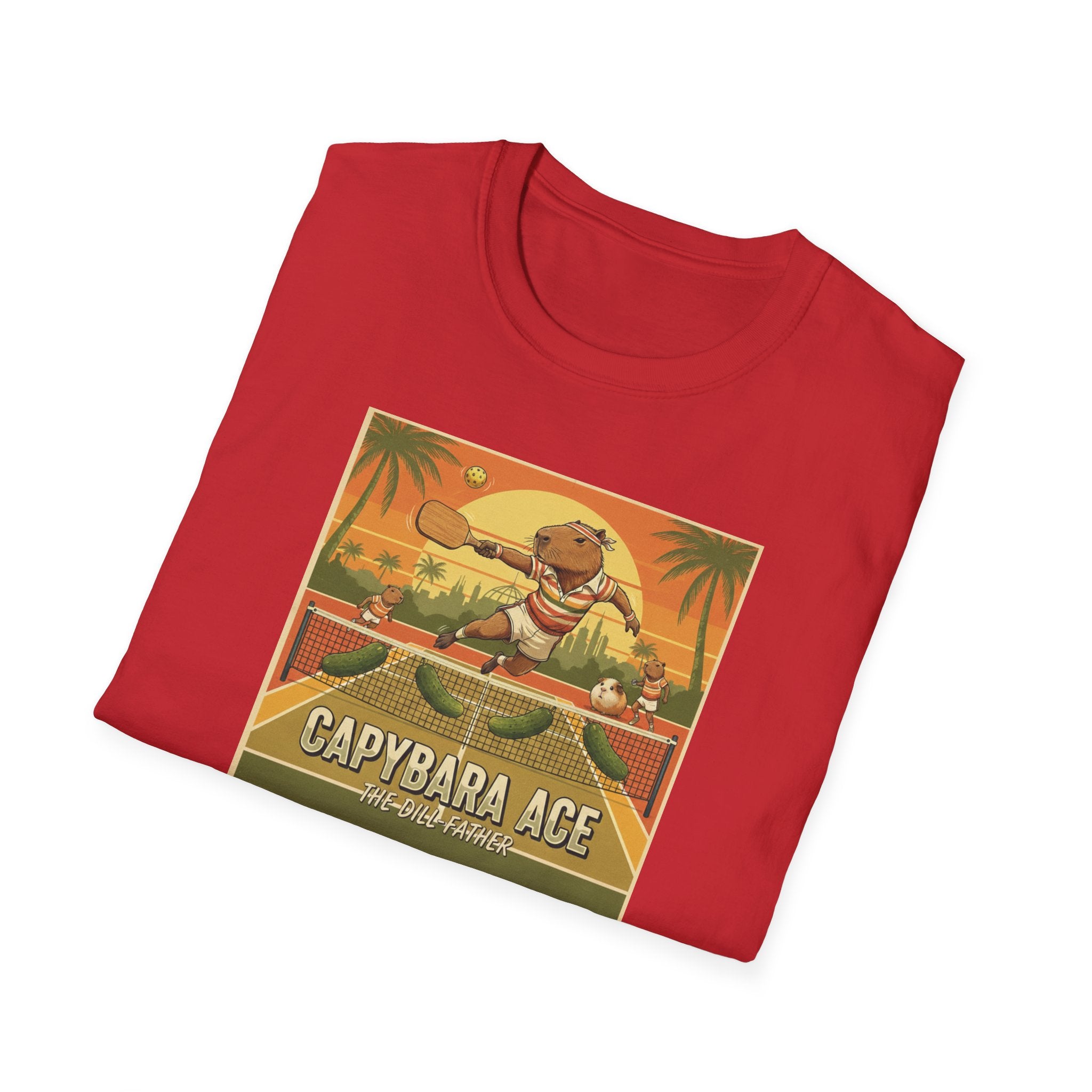 Capybara Ace Pickleball Player T-Shirt | Retro Tropical Court Design