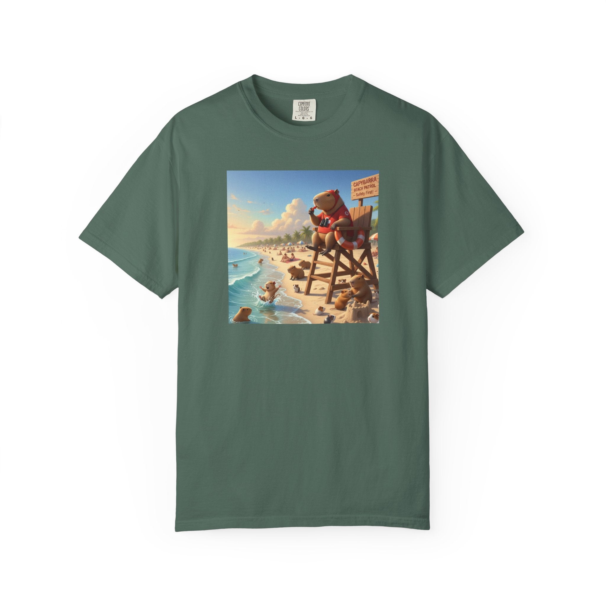 Lifeguard Capybara on Beach T-shirt | Surf Rescue Sunset Scene