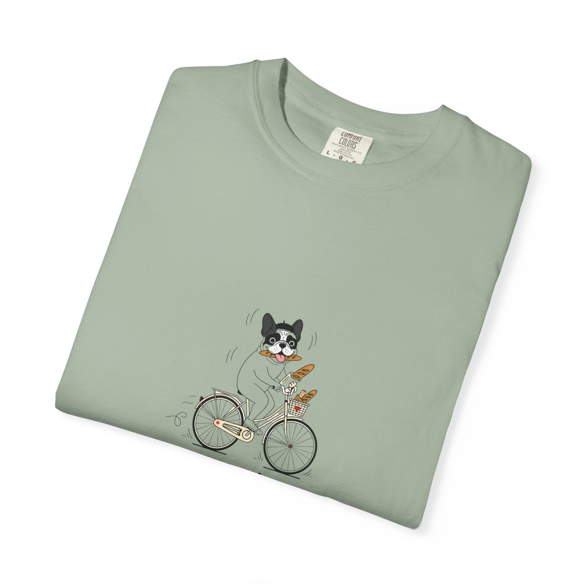 French Bulldog on Bicycle T-shirt | Cute Dog Illustration, 'Oui!' Text