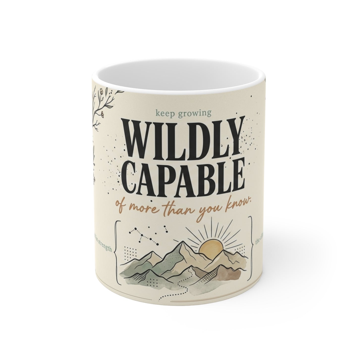 Wildly Capable mountain illustration Mug | motivational tree sunrise design