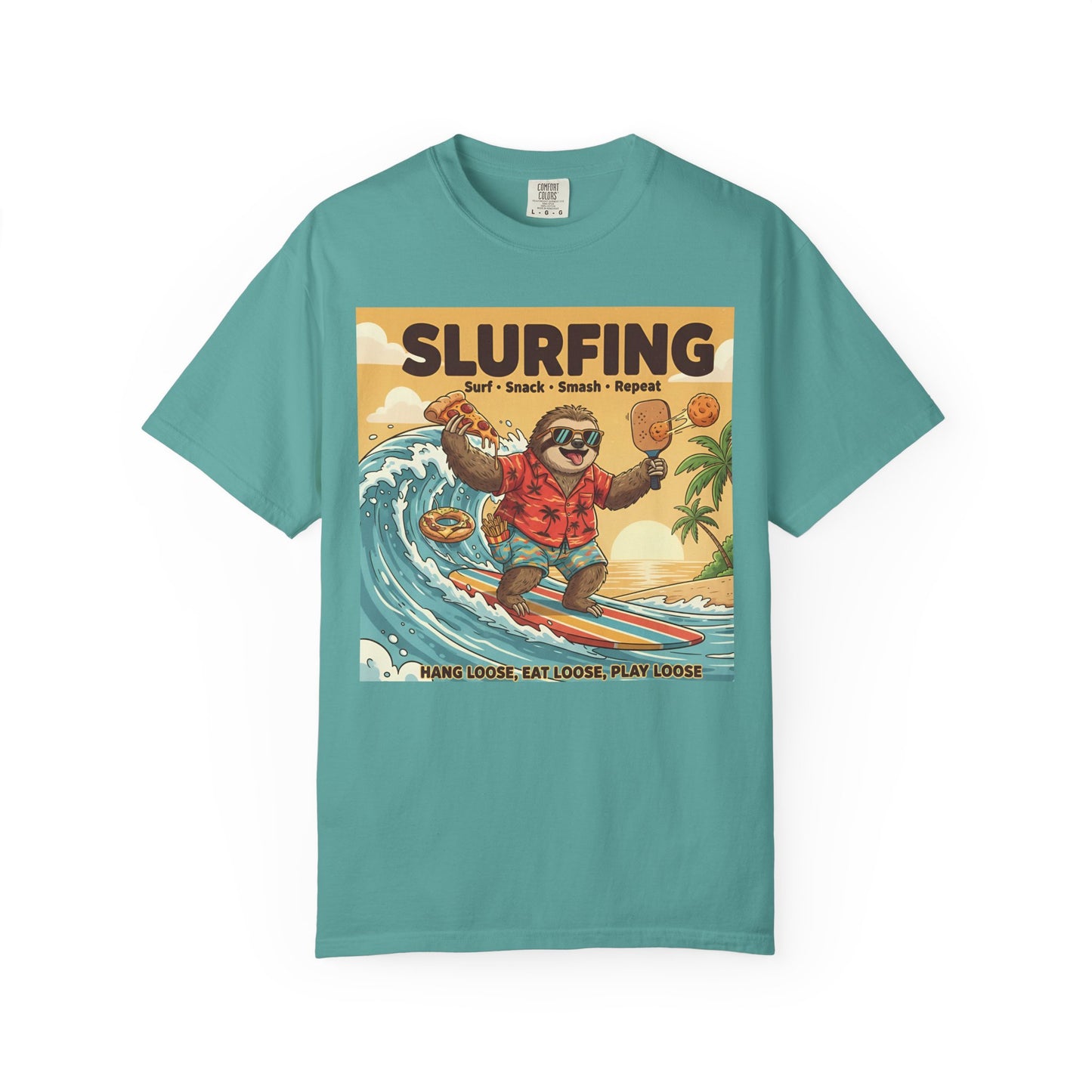 Slurfing Surfing Sloth T-Shirt | Retro Beach Wave Illustration