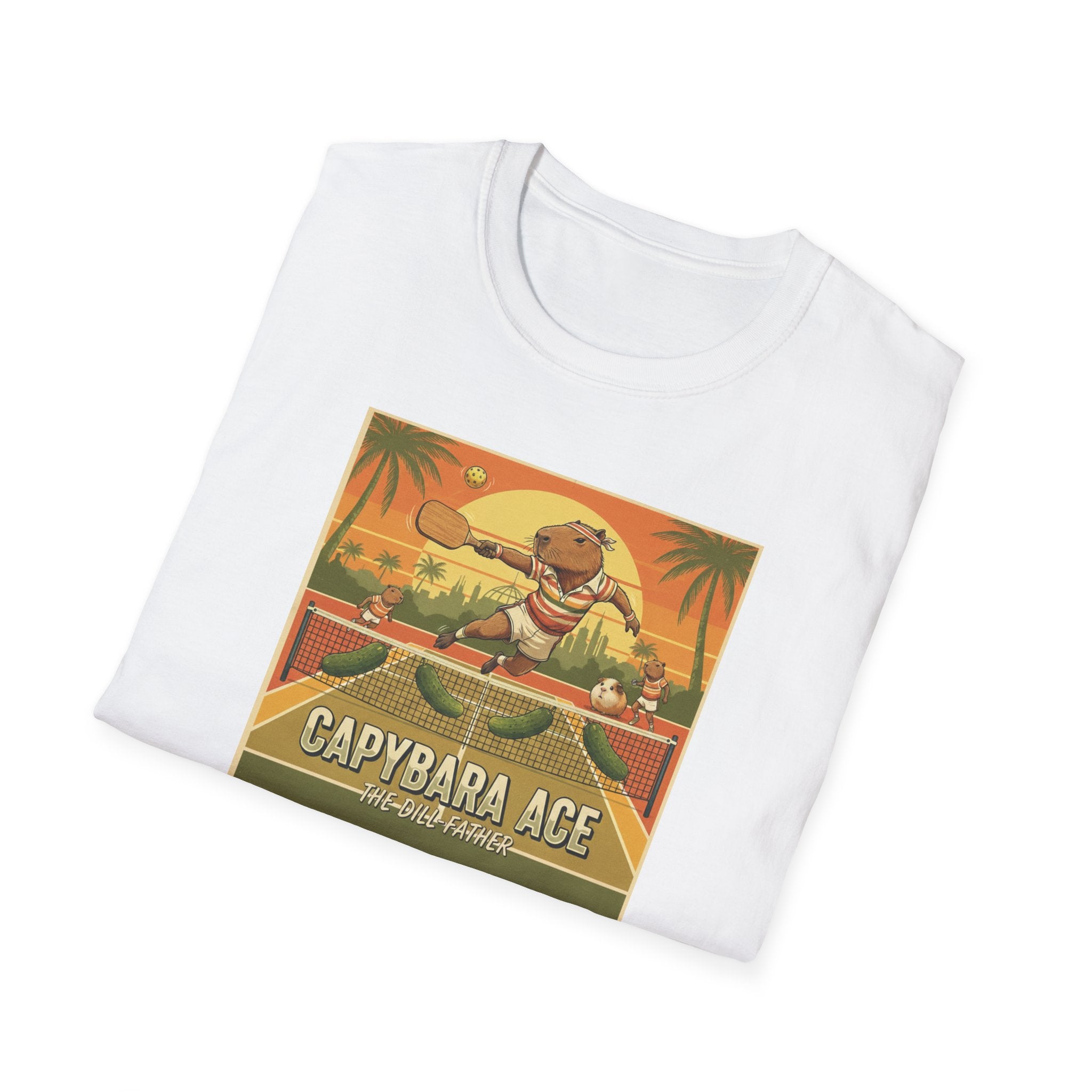 Capybara Ace Pickleball Player T-Shirt | Retro Tropical Court Design
