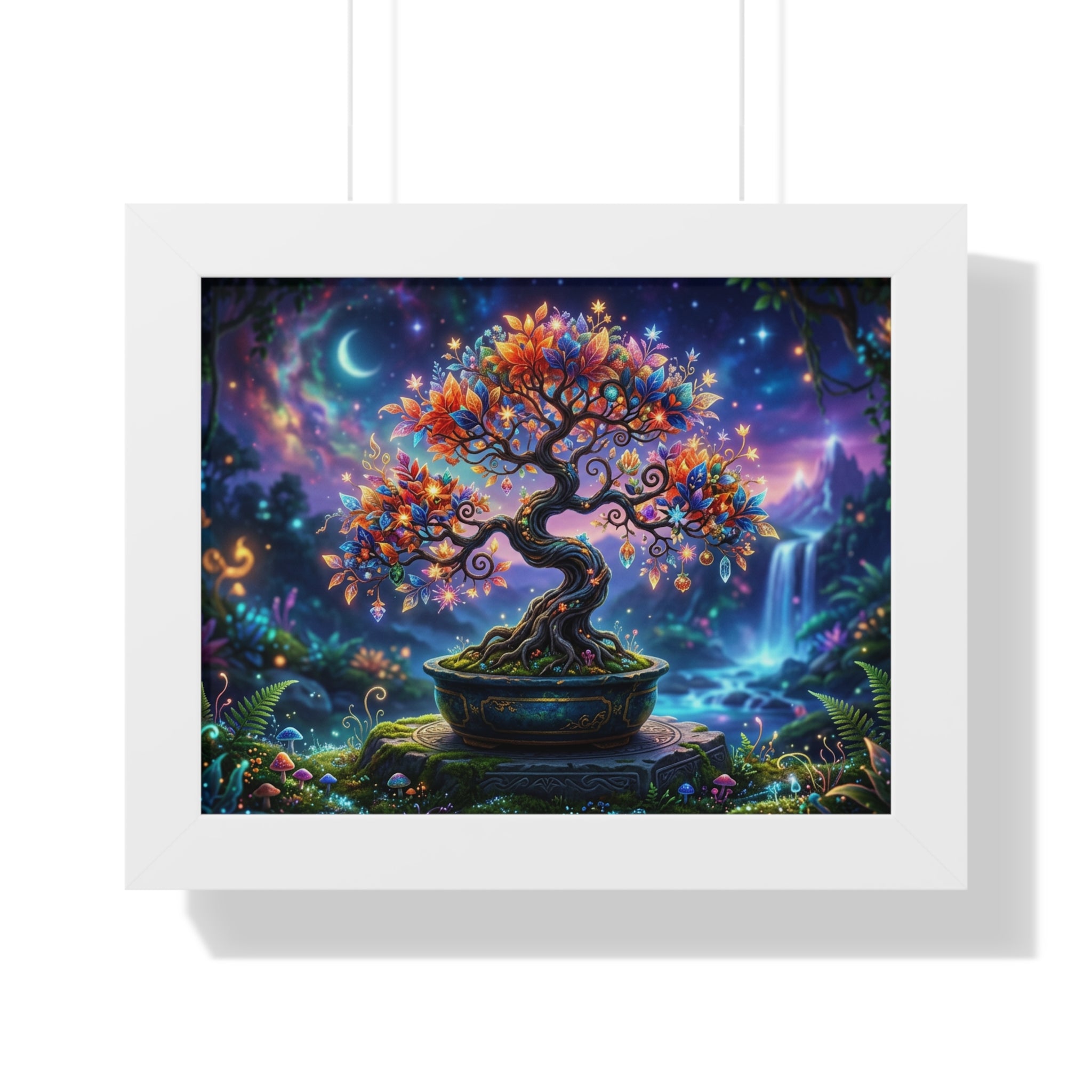 Celestial Magical Bonsai Tree Art Print, Fantasy Galaxy Tree of Life Wall Decor, Glowing Zen Garden Poster, Whimsical Mythical Landscape Art