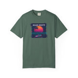 Miami Nights Sunset Palm T-shirt | Retro Vaporwave Beach Scene