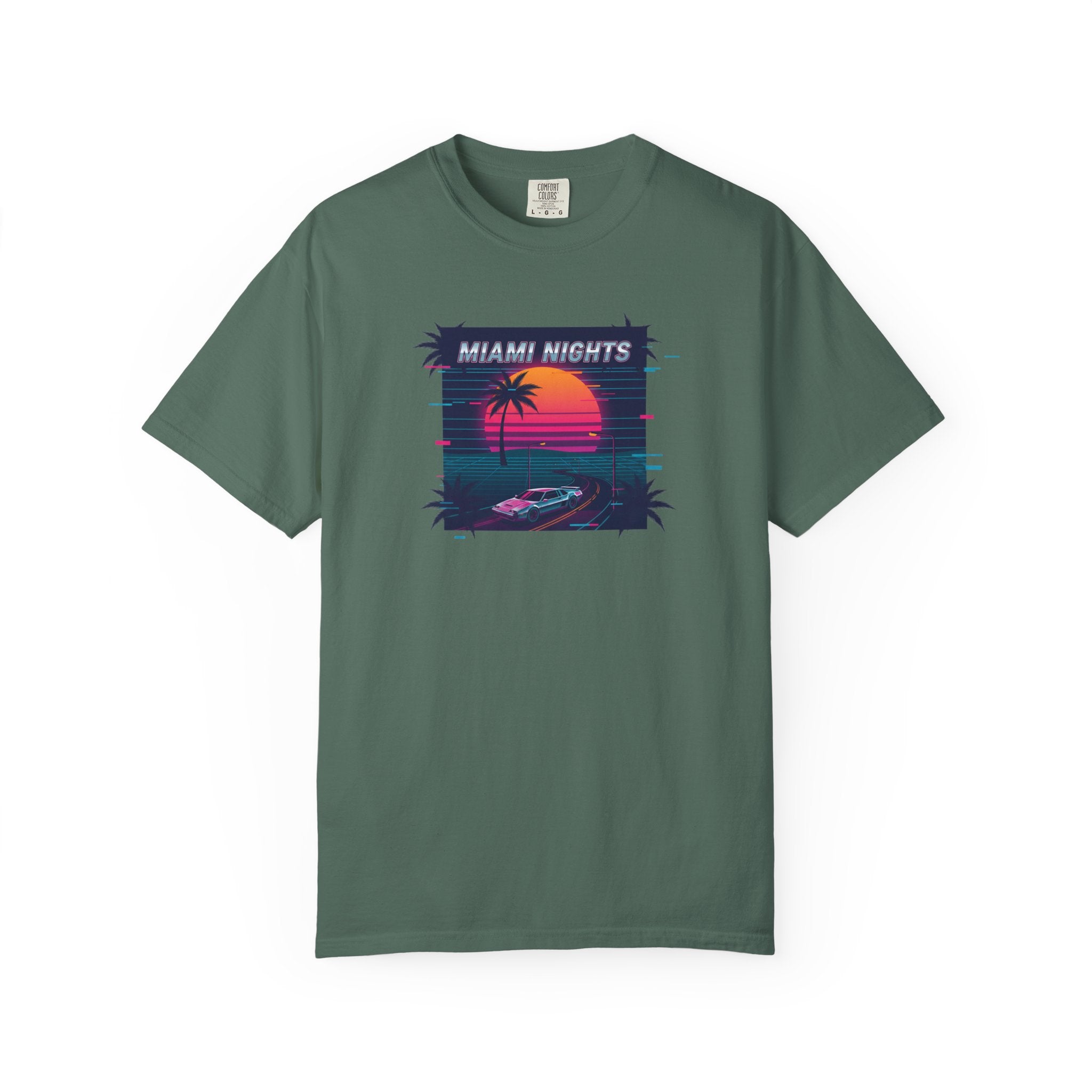 Miami Nights Sunset Palm T-shirt | Retro Vaporwave Beach Scene