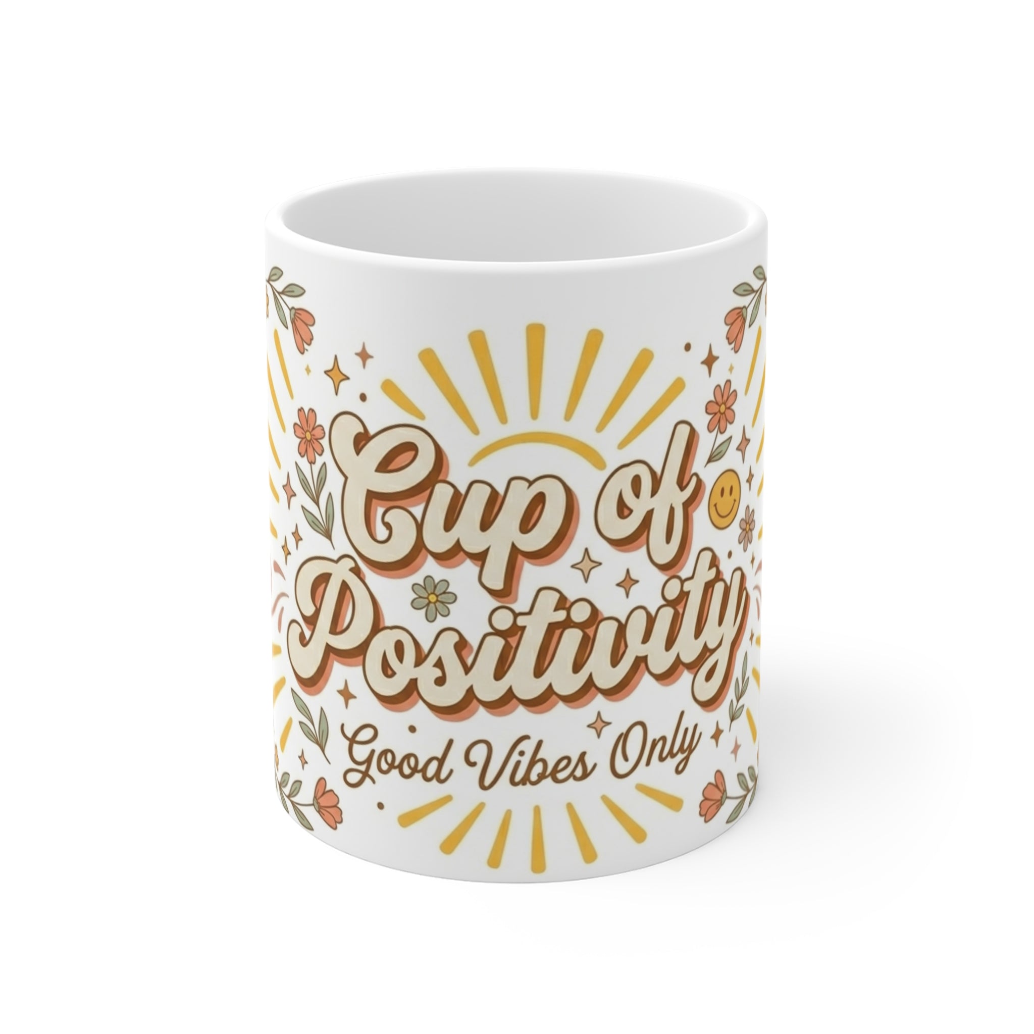Cup of Positivity mug | Good Vibes Only floral sunburst design