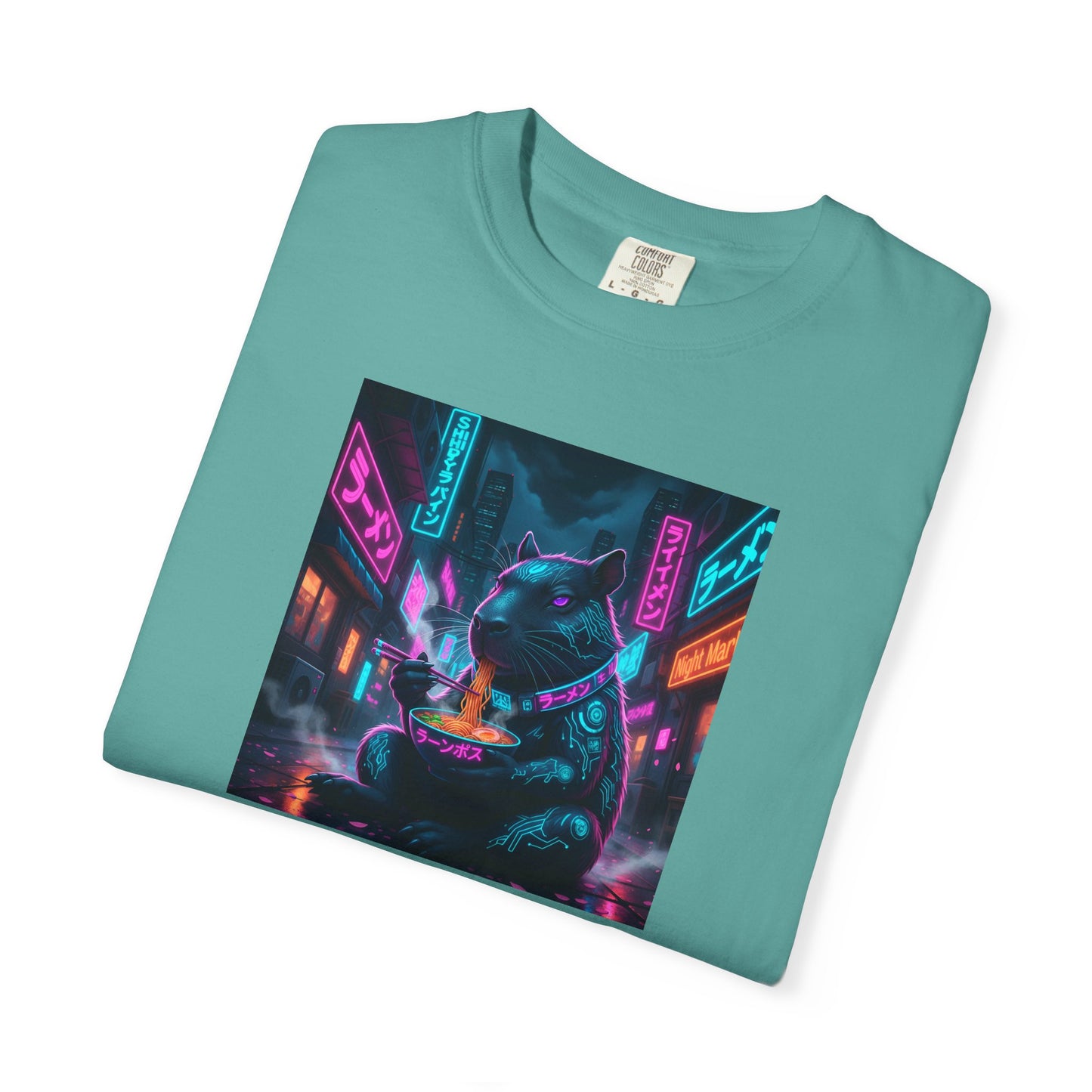 Neon Cyberpunk Capybara Cityscape T-Shirt | Futuristic Night Street Art