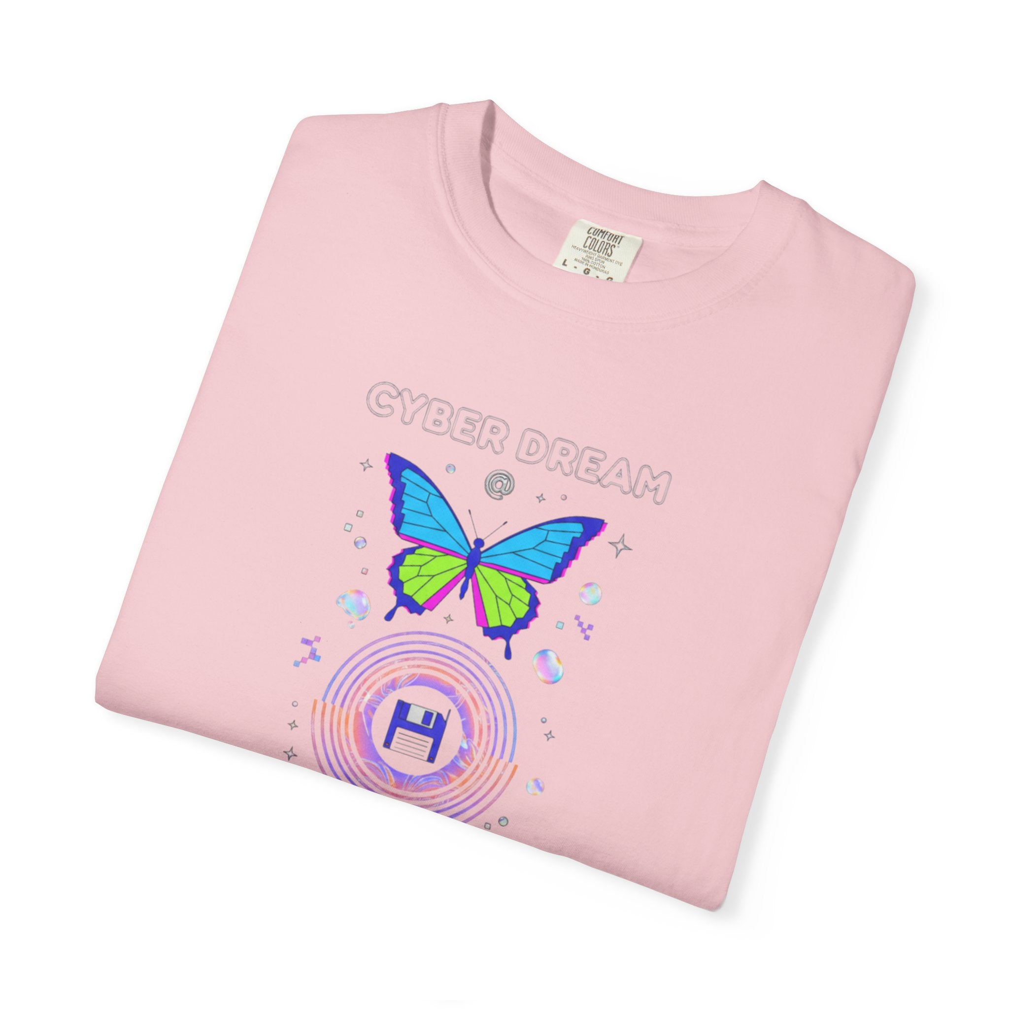 Cyber Dream Butterfly T-shirt | Retro Neon Circle Graphic