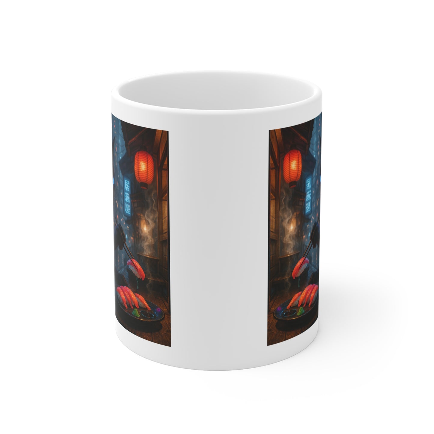 Neon Sushi Cat Mug | Cyberpunk Nightmarket Artwork