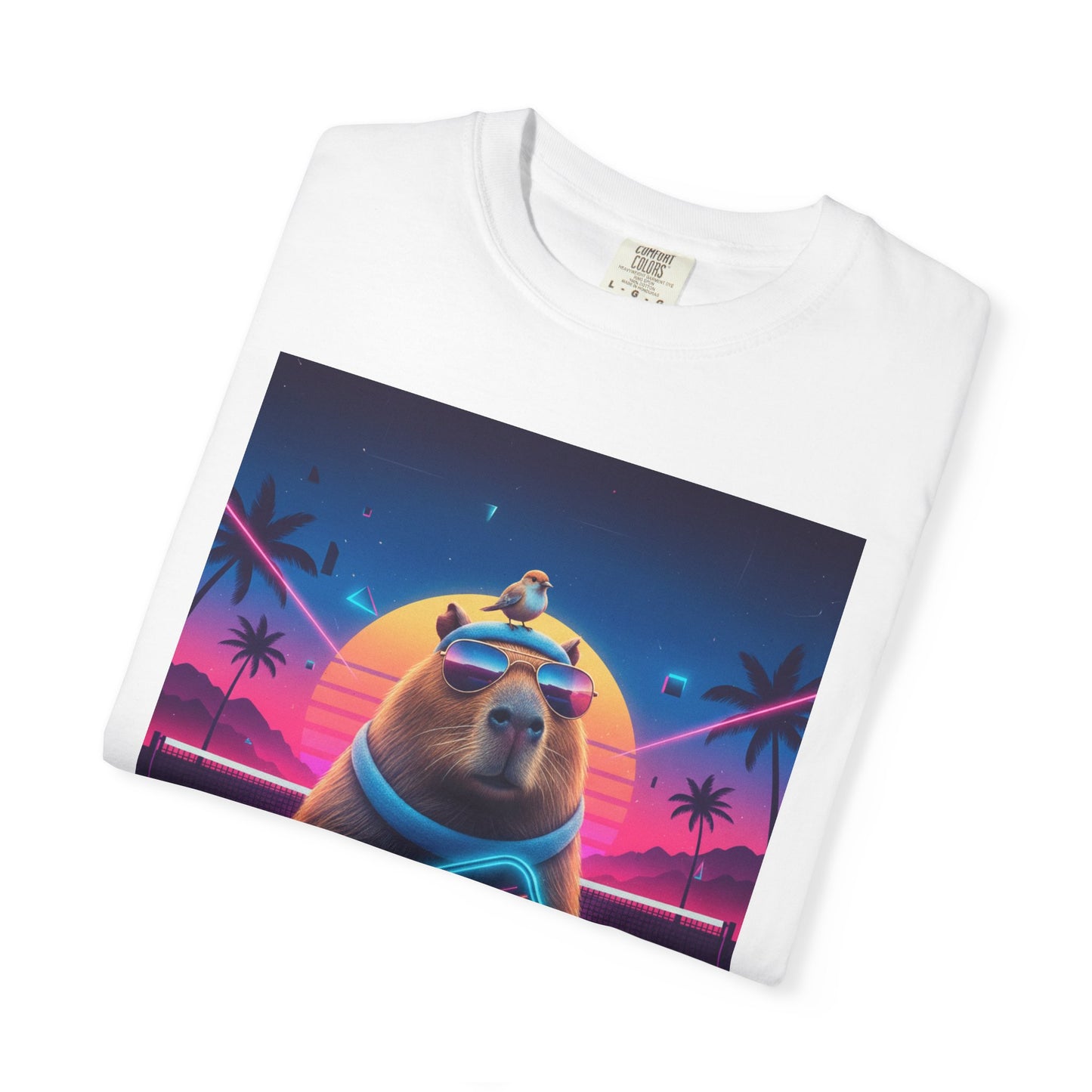 Retro Vaporwave Capybara with Sunglasses T-shirt | Neon Sunset Palm Trees
