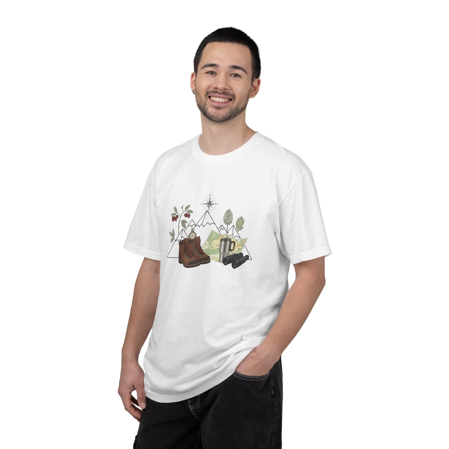 Camping Mountain Outdoors Graphic T-shirt | Hiking Boots Trees Flowers