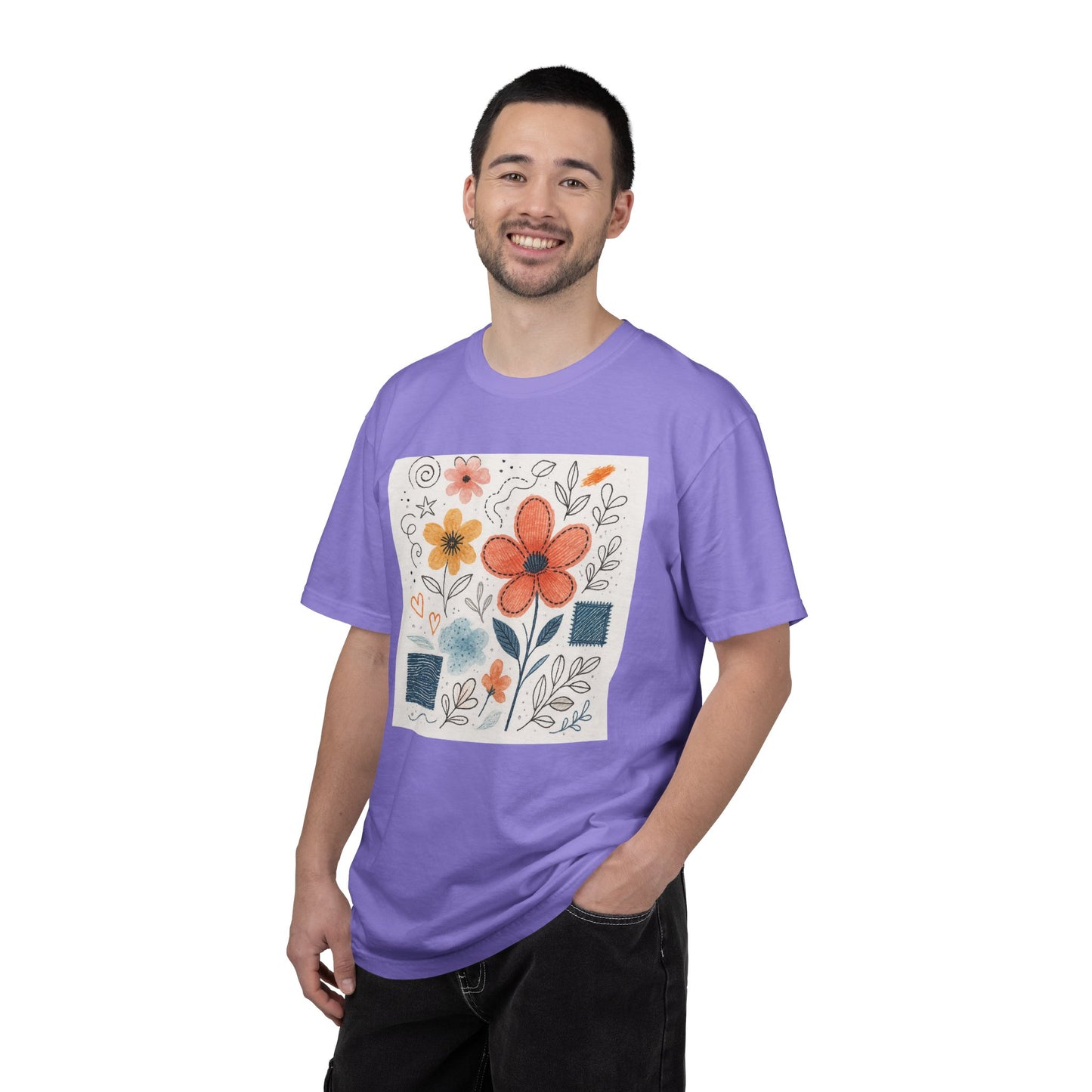 Hand-drawn Watercolor Floral Doodles T-shirt | Linocut & Embroidery Texture