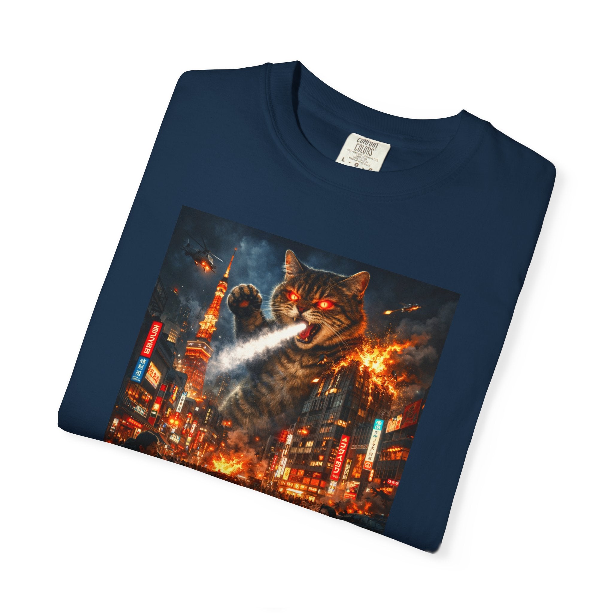 Giant Catzilla Kaiju Rampage T-Shirt | Neon City Monster Battle