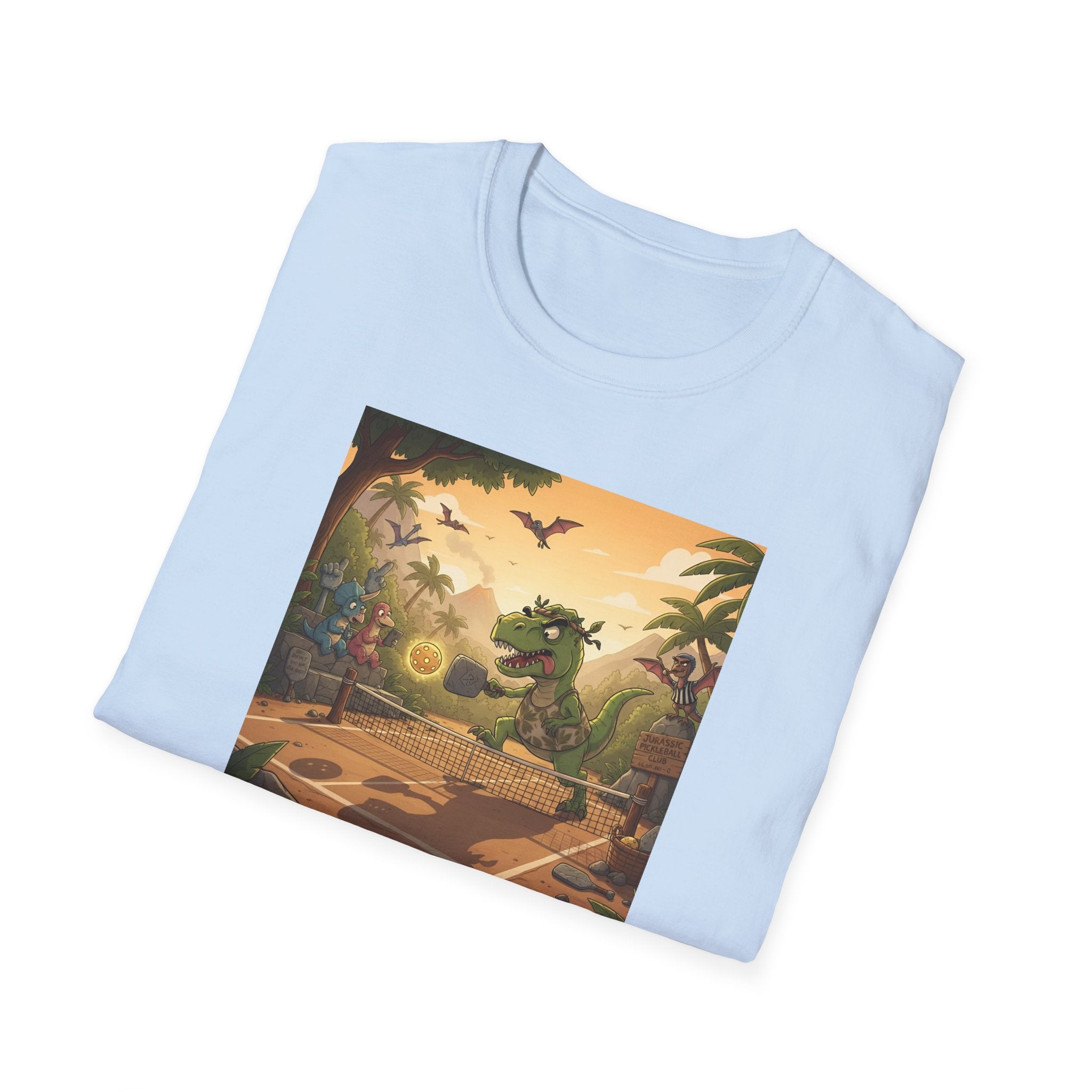 Jurassic Pickleball Club | Retro Tropical Dino Illustration T-Shirt